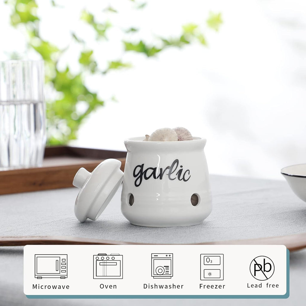 Garlic Keeper with Lid, Ceramic Mini Garlic Saver Container for Countertop, Farmhouse Kitchen Decor