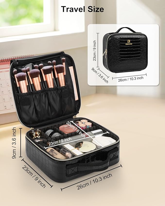 Relavel Travel Makeup Case, Train Case Makeup Brush Organizer, Professional Makeup Artist Makeup Bag, with Adjustable Partition and Shoulder Straps (Crocodile, Small)