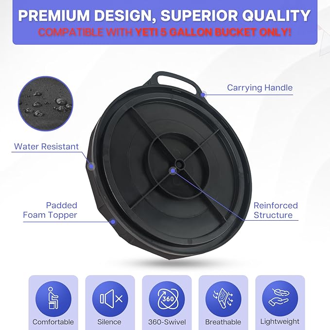 5 Gallon Bucket Seat for Yeti Bucket Only, Swivel Bucket Lid with Padded Top for Cozy Sitting, Bucket Seat Cushion for Outdoor Fishing,Hunting,Gardening,Camping,Car Washing, Baseball Training