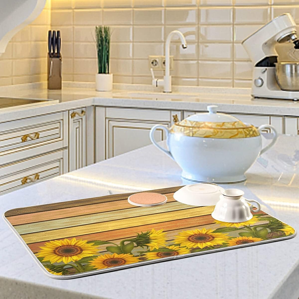 Super Absorbent Dish Drying Mat, Microfiber Fast-Drying Dish Mat, 24" x 18", Kitchen Dish Drying Pad, Sunflower On Wooden Board Vintage