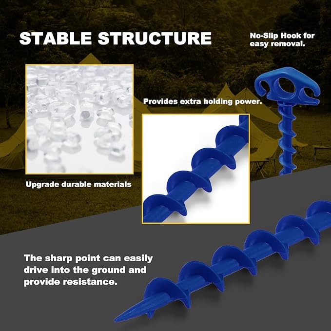 Tent Stakes Sand Stakes for Beach Tent 6 Pack Spiral Anchor Stakes 9.4 Inch Heavy Duty Screw Canopy Stakes for Camping, Hiking and More (6, Blue)