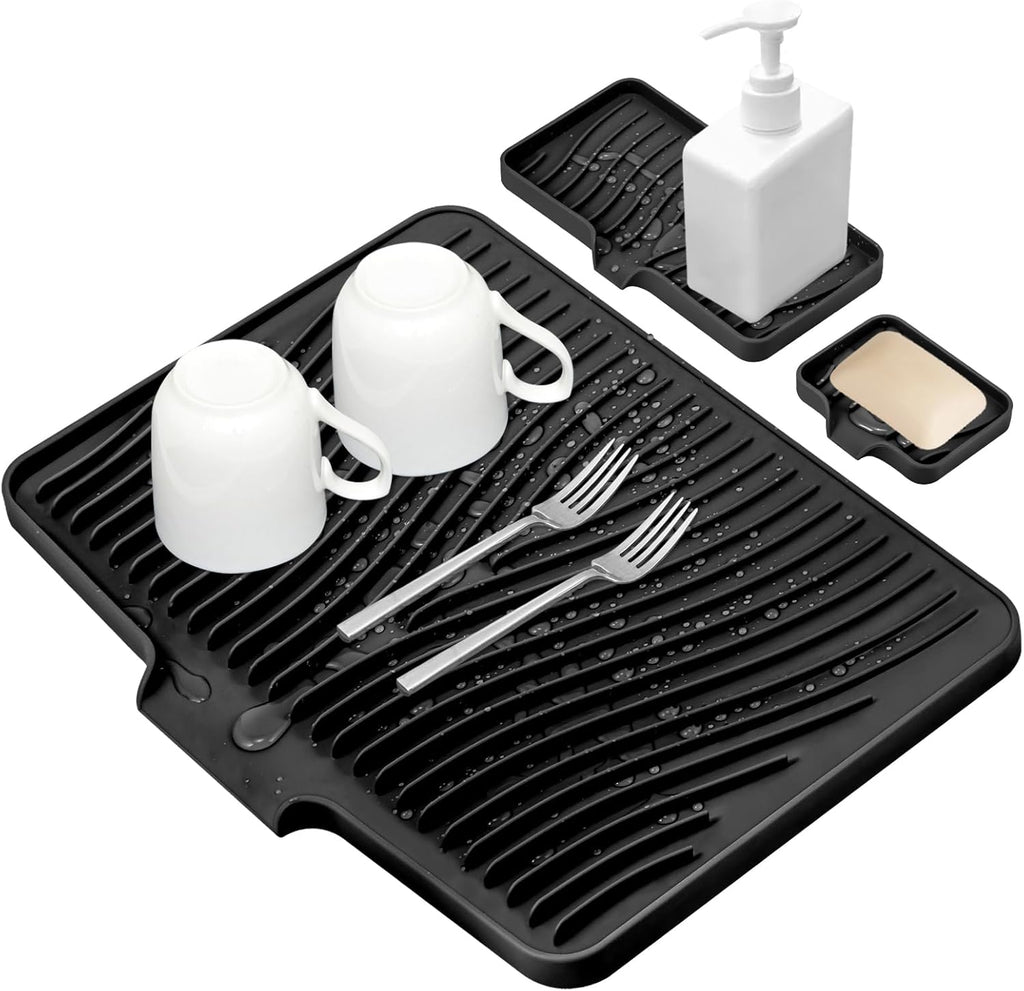 Silicone Dish Drying Mat for Kitchen Counter, Dish Drying Pad, Non-Slip Drain Pad with Built-in Drain, Heat Resistant Stone Drying Mat, 1 set XL(Black)