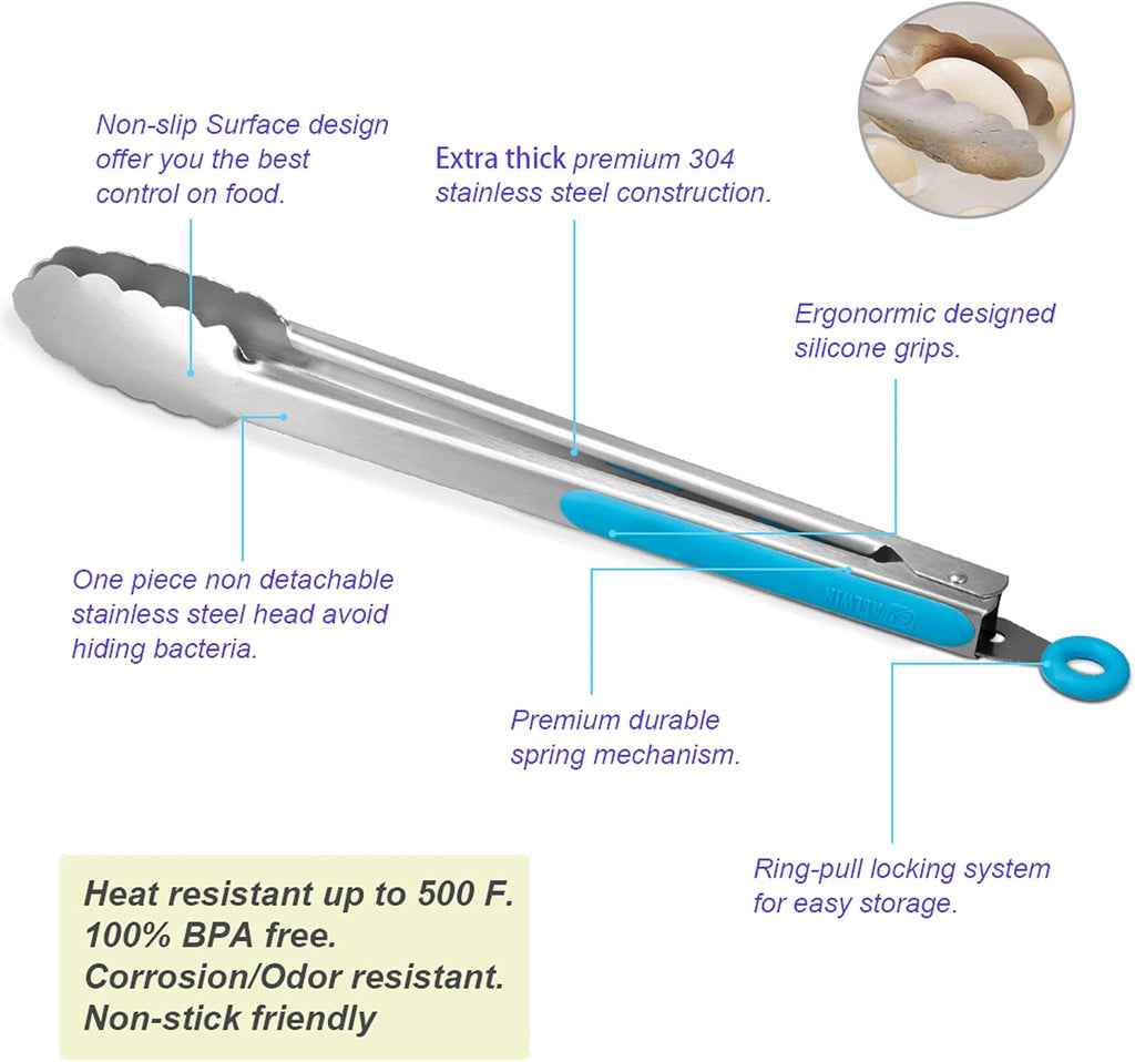 ALLWIN-HOUSEWARE W 304 Stainless Steel Kitchen Cooking Tongs, 9" and 12" Set of 2 Sturdy Grilling Barbeque Brushed Locking Food Tongs with Ergonomic Grip, Blue