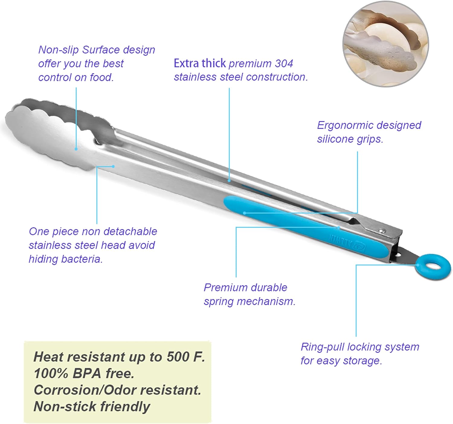 304 Stainless Steel Kitchen Cooking Tongs, 14" and 16" Set of 2 Sturdy Grilling Barbeque Brushed Locking Food Tongs with Ergonomic Grip, Blue