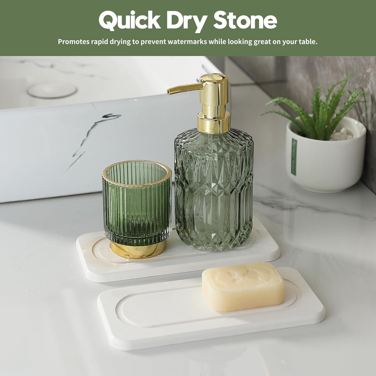 2Pack Water Absorbing Stone Tray for Sink, Diatomite Drying Coasters for Kitchen & Bathroom Counter, Kitchen Soap Dish Makeup Caddy, Dispenser Sponge Holder Space Organizer, White - 8"x 3.8"