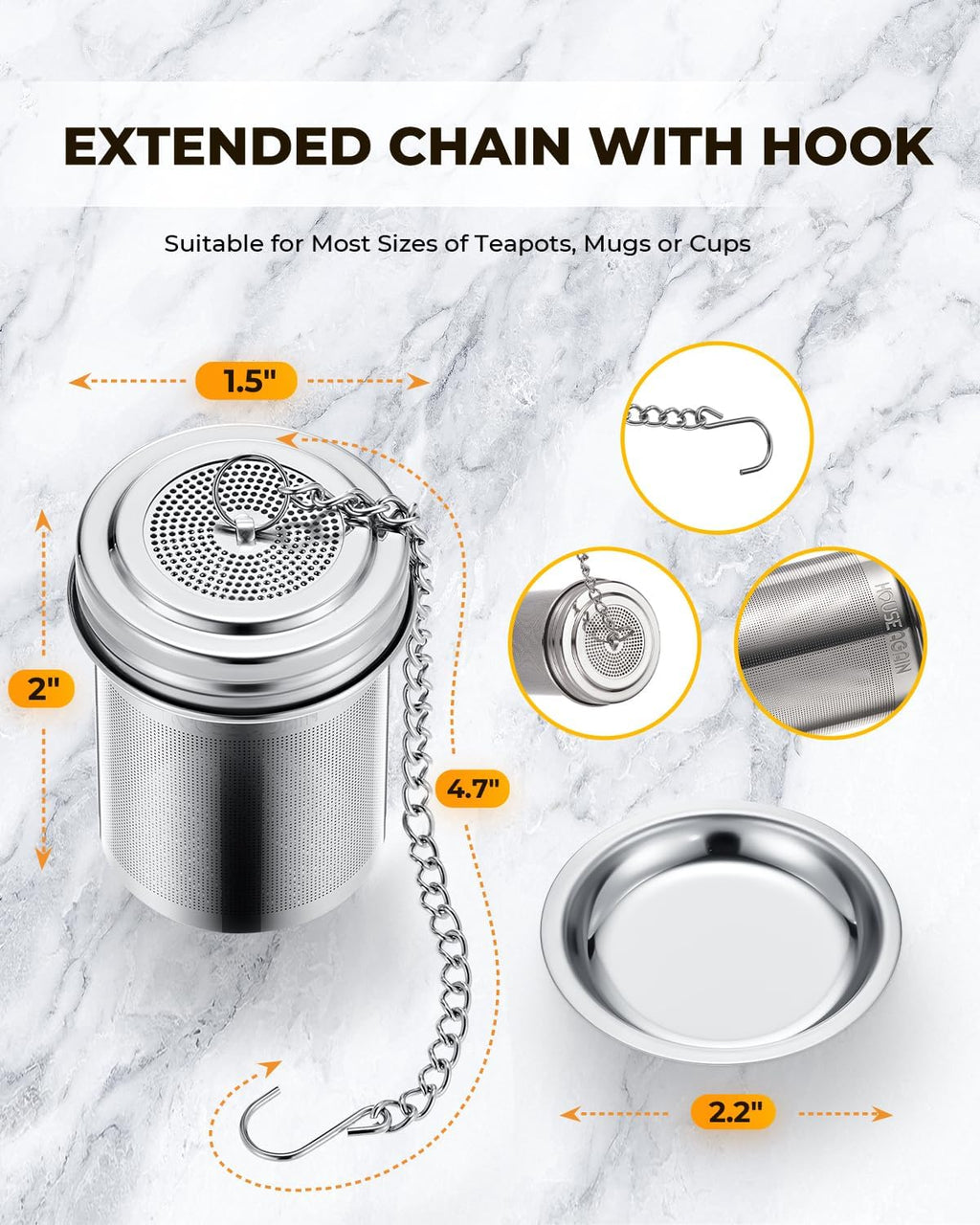 House Again Tea Infuser, Extra Fine Mesh Tea Strainers for Loose Tea, 18/8 Stainless Steel Tea Strainer with Extended Chain Hook, Tea Steeper for Brew Tea, Spices & Seasonings, for Single Cup