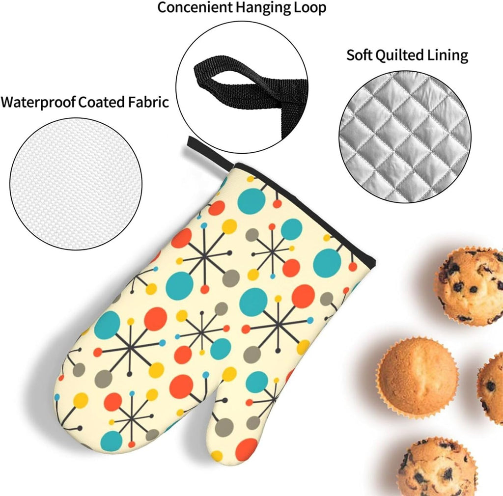 Mid Century Fifties Modern Atomic Retro Oven Mitts and Pot Holders Sets of 3, Yellow Kitchen Decor or Accessories, Heat Resistant Hot Pads Oven Gloves,Cooking Grilling Baking Gifts for Women