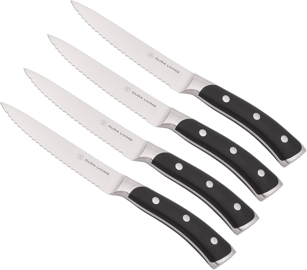 4-Piece Serrated Kitchen Steak Knife Set – Forged High Carbon Stainless Steel, Ultra Sharp, Ergonomic Black Handles, Durable Dinner Knives, Black Handle