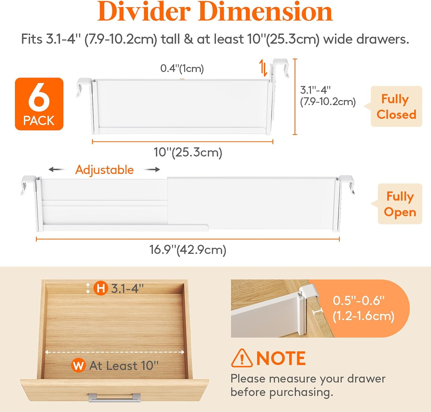 Lifewit Hanging Kitchen Drawer Dividers 3.1" High, 10-17" Adjustable Drawer Organizers for Utensils, Expandable Dresser Separators in Kitchen/Bedroom/Bathroom/Vanity/Office, White(6 Pack)