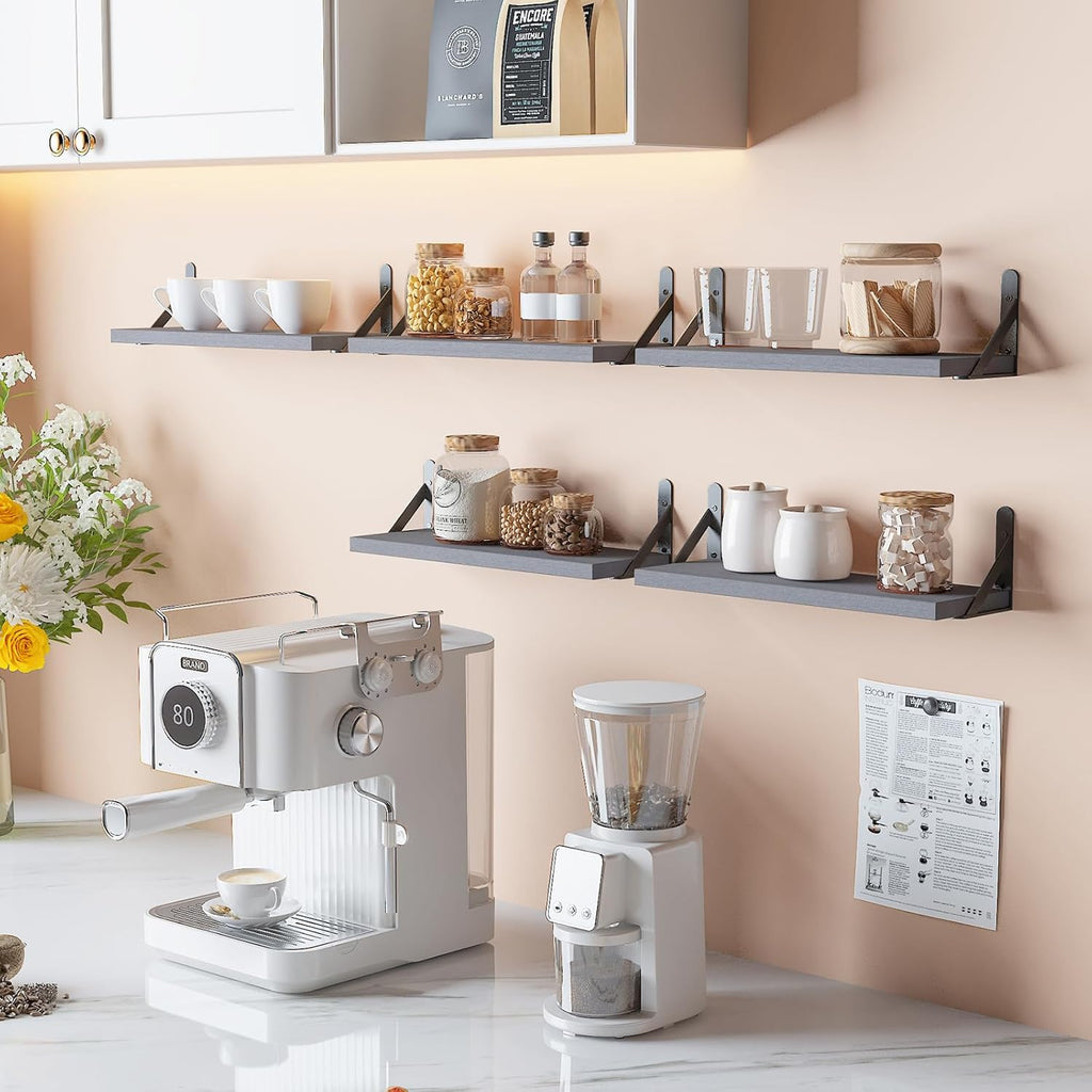 YGEOMER 16.5 Inch Floating Shelves for Wall, Farmhouse Wall Shelves for Bedroom, Bathroom Storage, Living Room and Kitchen Decor (Set of 6 Grey)