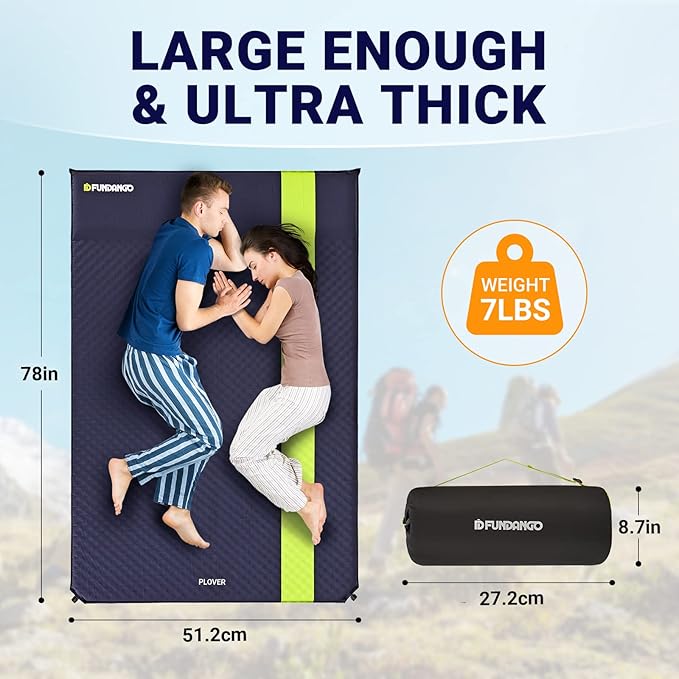 FUNDANGO Double Self Inflating Sleeping Pad for Camping Sleeping Mat with Built-in Pillow, Portable Lightweight Large Inflatable Foam Air Mattress 2 Person for Backpacking, Tent, Car,Travel, Outdoor