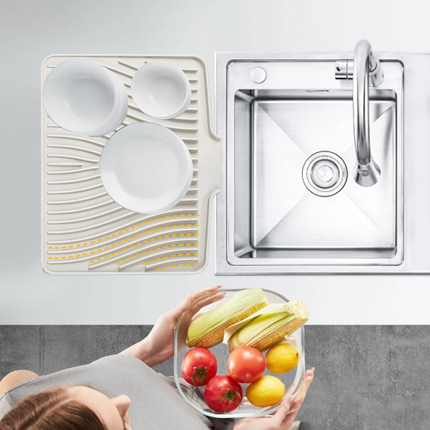 Silicone Dish Drying Mat for Kitchen Counter, Dish Drying Pad, Non-Slip Drain Pad with Built-in Drain, Heat Resistant Stone Drying Mat(15.8" x 13", Cream)