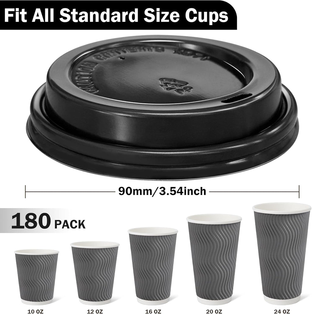 180 Pack Disposable Coffee Cup lids, 3.54'' Leak-Proof Disposable Plastic Cup Lids for 10, 12, 16, 20oz Paper Cups, Hot/Cold Drinking Cup Lids, Black