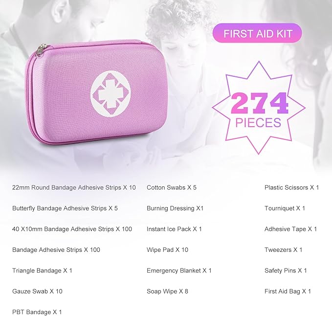 274PCS Travel First Aid Kit Supplies for Business, Emergency Backpacking Essentials Items Trauma First Aid Survival Kits for Outdoor Adventure, Pink Monoki