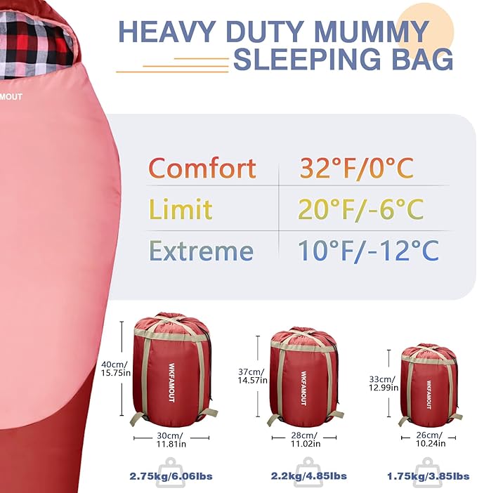 Cold Weather Mummy Sleeping Bag Flannel 0 Degree Winter Sleeping Bag Machine Washable Heavy Duty for Adults,Teenager with Compression Sack 4 Seasons for Camping Hiking Traveling