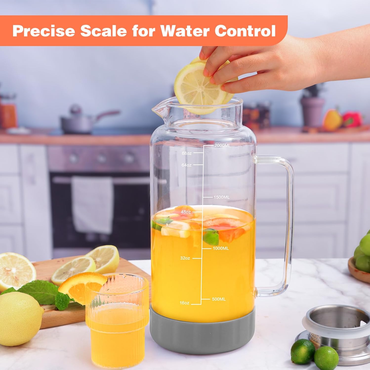 Aofmee 68oz Glass Pitcher with Lid, 2 Liter Water Carafe with Silicone Base and Precise Scale Line, Ice Tea Pitcher for Fridge, Anti-Slip Glass Jug for Sun Tea Juice Coffee Milk Beverage (Gray)