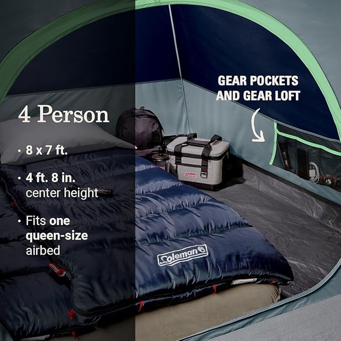 Coleman Skydome Tent with LED Lights Weatherproof 4-Person Tent with Overhead Lighting Sets Up in 5 Mins Made of PFAS-Free Materials