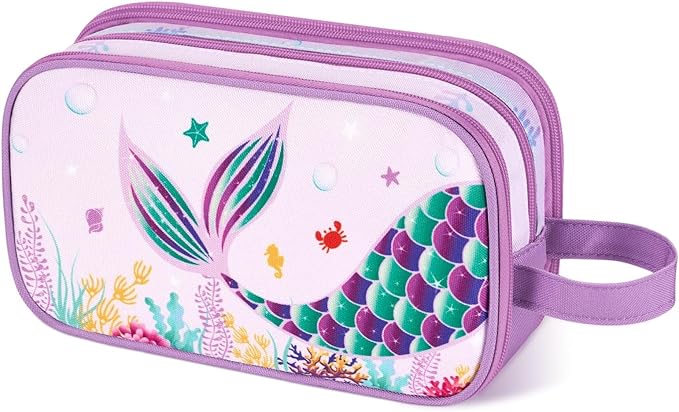 WAWSAM Mermaid Toiletry Bag - Kids Toiletry Bag for Girls Christmas Birthday Gift Camping Travel Toiletry Case Toiletries Makeup Cosmetic Pouch Pink Water-resistant Wash Bag Dopp Kit with Mesh Pocket