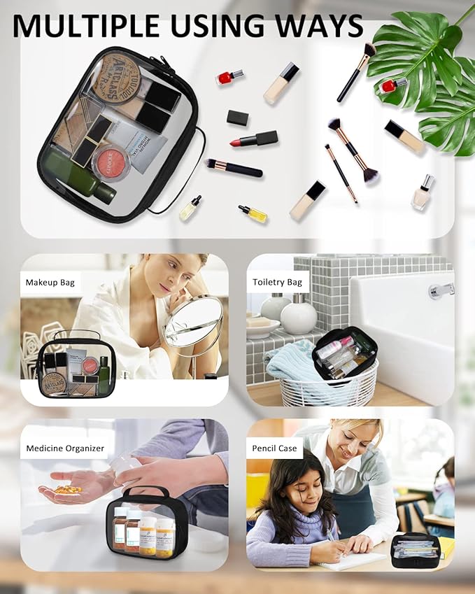 Moyad TSA Approved Clear Toiletry Bag with Handle, 3 Pack Quart Size 3-1-1 Liquids Pouch for Travel, Transparent Makeup & Cosmetic Organizer for Women Men, Black