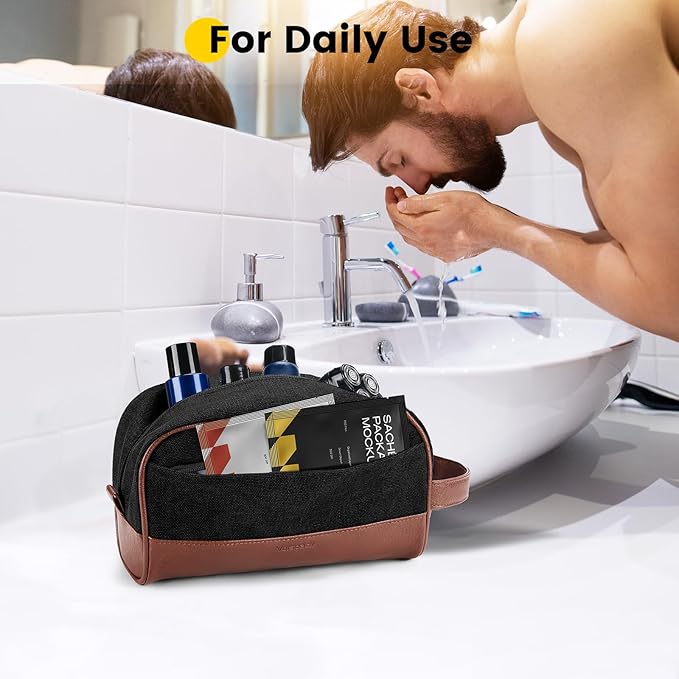 Vorspack Travel Toiletry Bag - Canvas Toiletry Bag for Men Water Resistant Skincare Bag Dopp Kit for Bathroom Toiletries Accessories Gifts - Black
