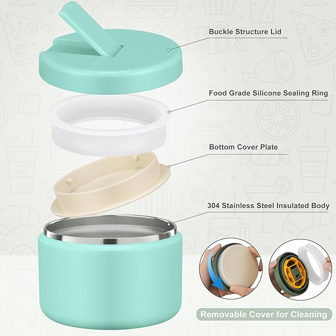 12oz Food Thermo for Hot Food Insulated Vacuum Soup Jar with Buckle Lid, Stainless Steel Wide Mouth Leak Proof Lunch Container