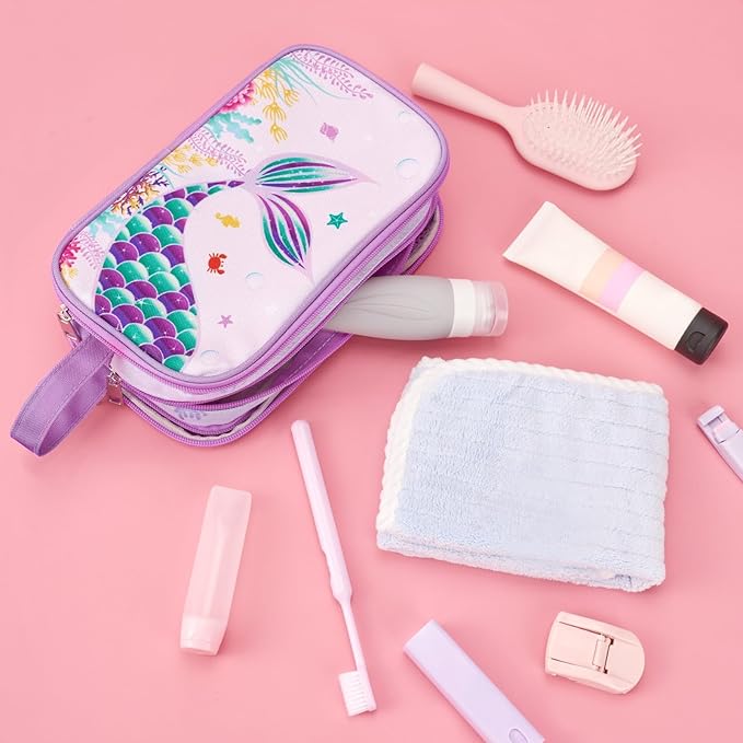 WAWSAM Mermaid Toiletry Bag - Kids Toiletry Bag for Girls Christmas Birthday Gift Camping Travel Toiletry Case Toiletries Makeup Cosmetic Pouch Pink Water-resistant Wash Bag Dopp Kit with Mesh Pocket
