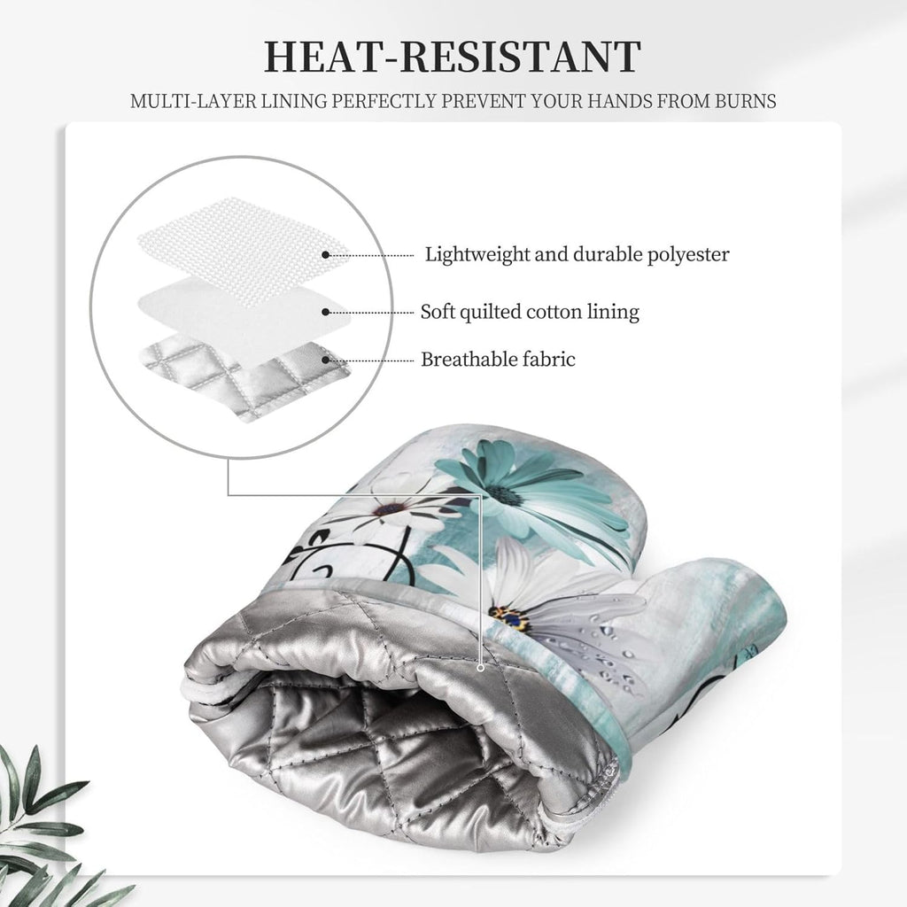 Teal Daisy Oven Mitts Pot Holders Set Silicone Heat Resistant Farm Teal Daisy Floral Flowers and Butterfly Oven Mitts and Hot Pads Potholders Non-Slip Oven Gloves for BBQ