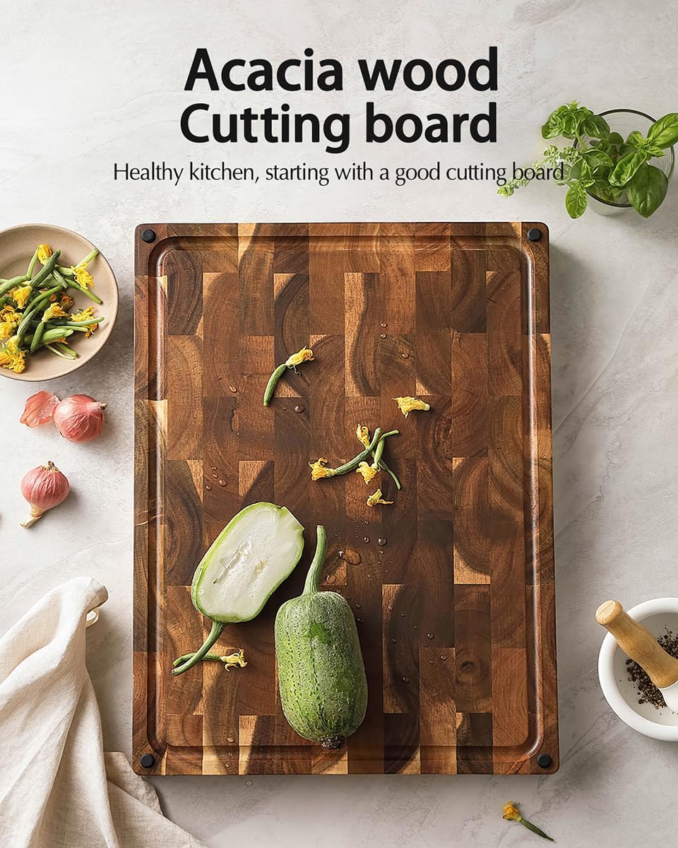 XINZUO Large Thick End Grain Acacia Wood Cutting Board- (19''L x 14''W x 1.5''T) Reversible Wooden Chopping Board with Non-Slip Feet, Built-in Handles and Juice Groove- Butcher Block Cutting Board