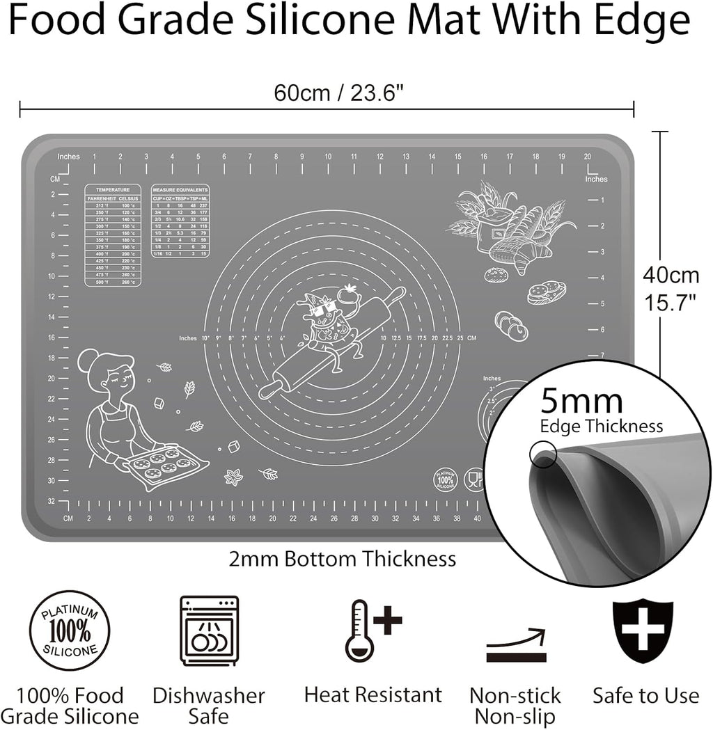 Silicone Baking Mat 24" x 16" Extra Thick Non-stick Pastry Mat with Measurements and Edge Heightening, Food Grade Silicone for Countertop Dough Rolling Making Bread, Cookies, Pizza, Fondant, Pasta