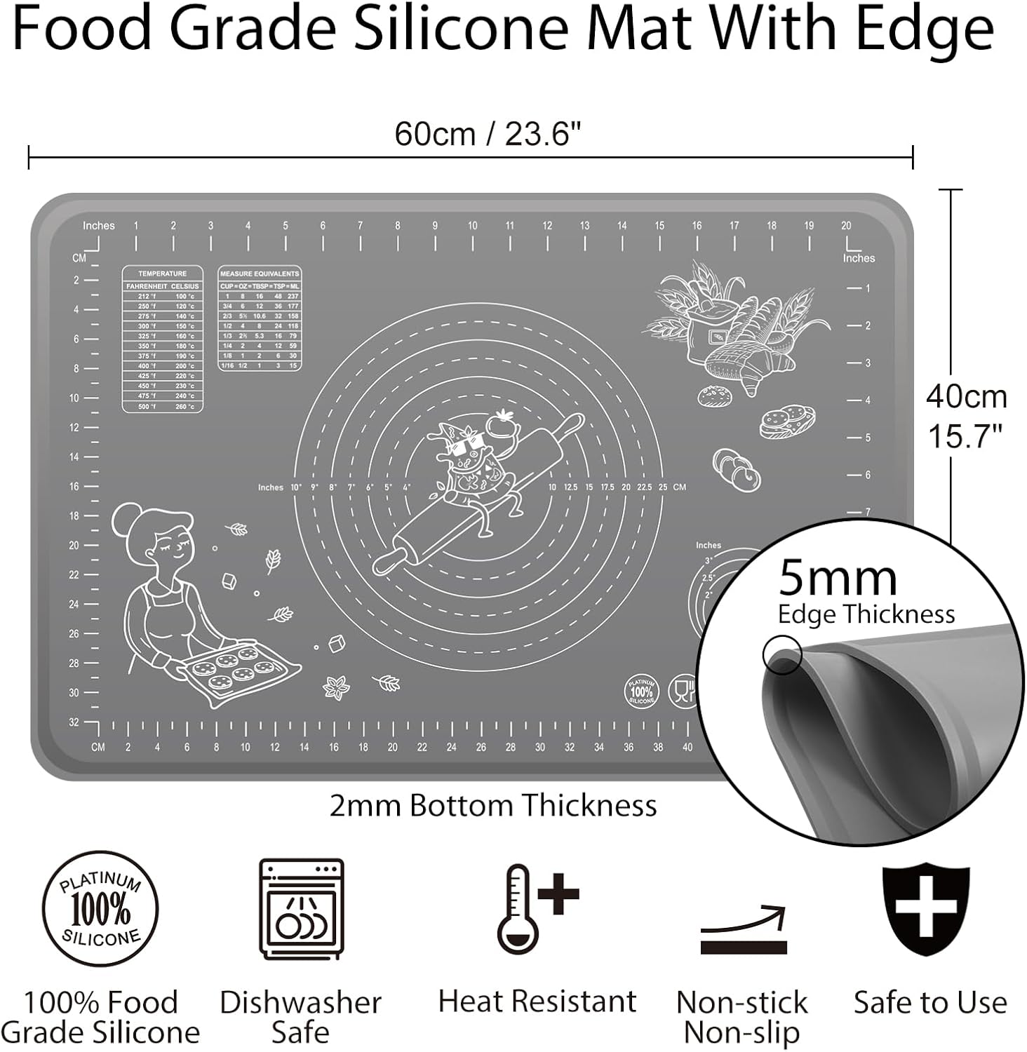 Silicone Baking Mat 24" x 16" Extra Thick Non-stick Pastry Mat with Measurements and Edge Heightening, Food Grade Silicone for Countertop Dough Rolling Making Bread, Cookies, Pizza, Fondant, Pasta