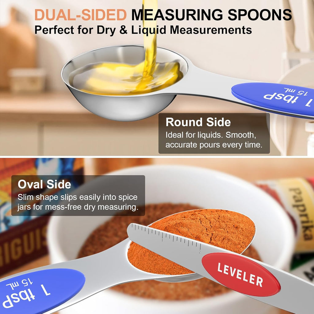 13-Piece Measuring Cups and Magnetic Spoons Set, 5 Stainless Steel Measuring Cups, 7 Double-Sided Magnetic Measuring Spoons & 1 Leveler for Cooking and Baking (5+7+1)