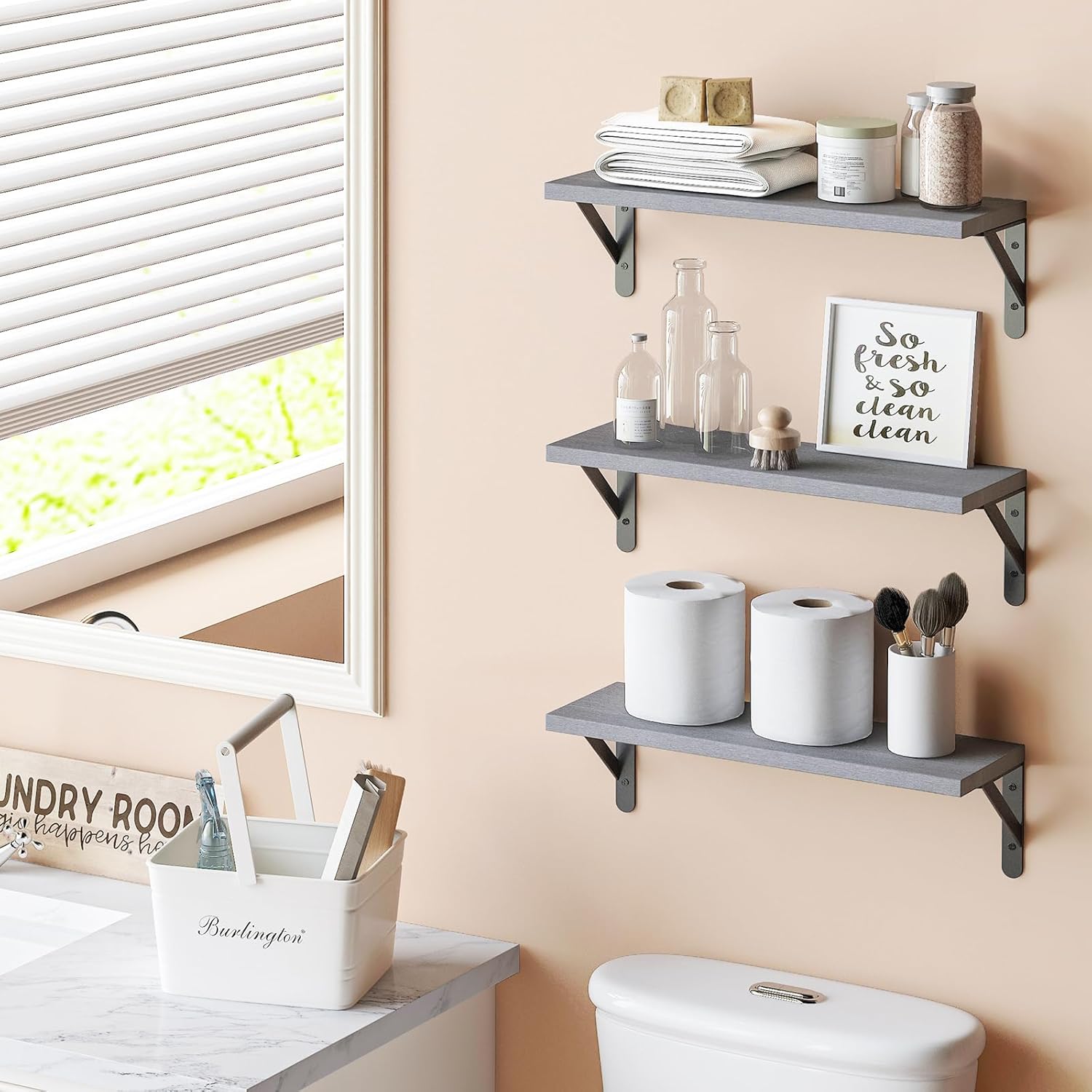 YGEOMER 16.5 Inch Floating Shelves for Wall, Farmhouse Wall Shelves for Bedroom, Bathroom Storage, Living Room and Kitchen Decor (Set of 6 Grey)