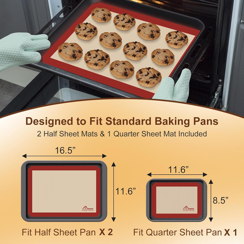 HOTEC Silicone Baking Mats 3 Pack – Non-Stick Reusable Silicone Baking Sheets for Oven – Cookie & Macaron Mats – 2 Half Sheet + 1 Quarter Sheet – BPA-Free, Dishwasher Safe