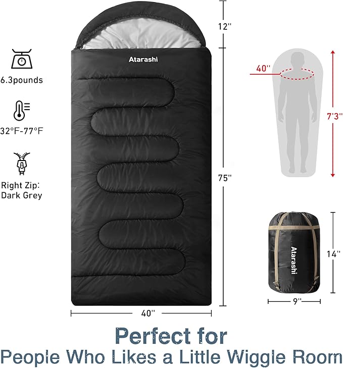 Atarashi Camping Sleeping Bag- 4 Seasons for Adults, Light, Warm, Extra-Large with Compression Sack- Great for Hiking, Backpacking & Outdoor Adventures