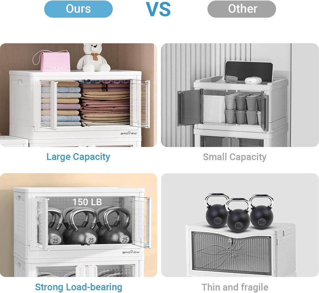 400Qt Stackable Storage Bins with Lids, 100Gal Closet Organizers and Storage Drawer, Plastic Collapsible Storage Bins with Doors, Heavy Duty Store Box Cabinet for Home Office, 4Pack White