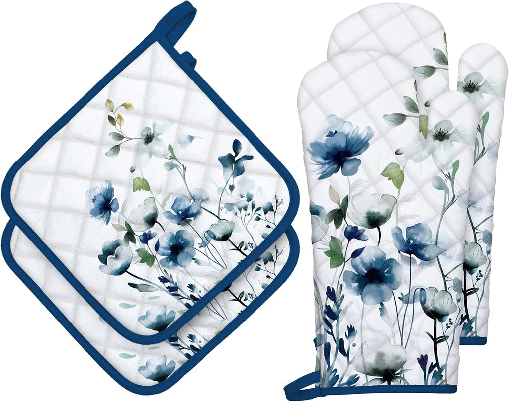 Blue Watercolor Flower Oven Mitts and Pot Holders Sets 4Pcs, 100% Cotton Heat Resistant, Extra Long Oven Gloves Potholder for Kitchen Cooking Baking Housewarming