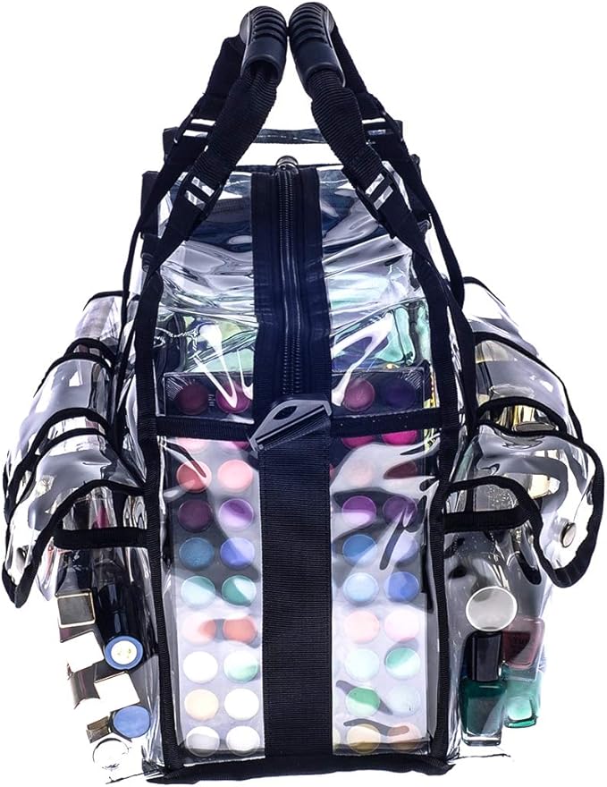 Professional Clear PVC Makeup Kits Organizer Make up Set Bag MUA Carry All Artist Transparent Vinyl Travel Cosmetic Bag with 6 External Pockets & Tissue Holder