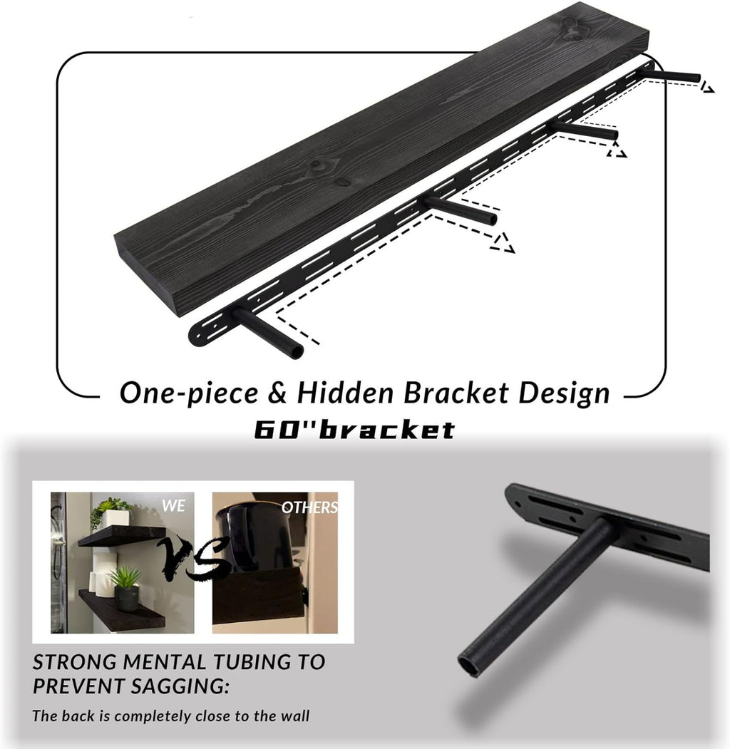 60 inch Black Floating Shelves for Wall 8 -inch deep Set of 2, Heavy Duty Solid Wood Wall Mounted Shelves for Living Room Kitchen with Thickened Hidden Bracket
