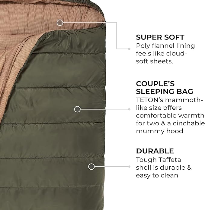 Teton Mammoth Queen Size Double Sleeping Bag- A Warm Bag The Whole Family can Enjoy – Great for Camping, Hunting and Base Camp. Compression Sack Included