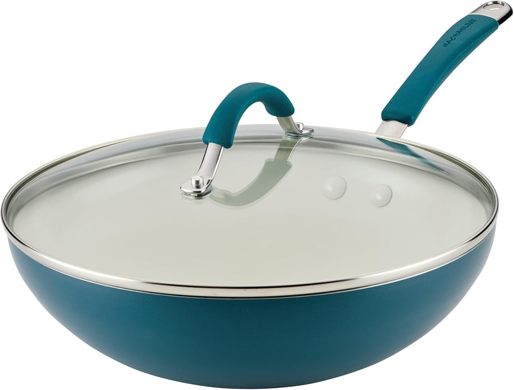 Rachael Ray Cucina Ceramic Nonstick Stir Fry Pan and Lid, 11 Inch Non Stick Wok Pan, Dishwasher Safe - Marine Blue