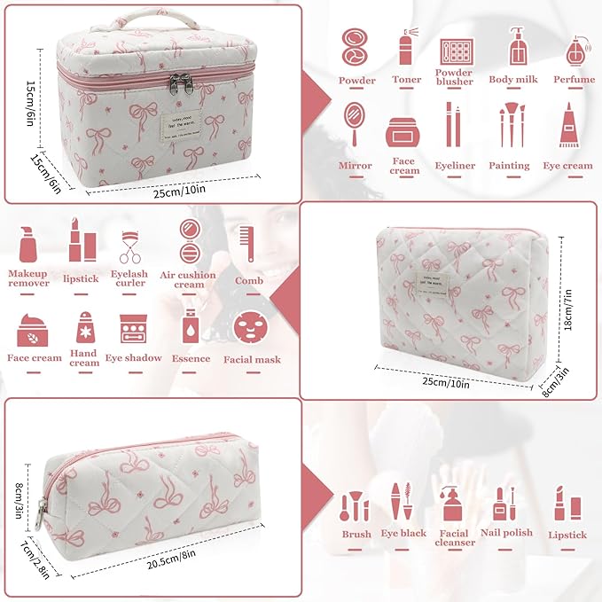 Quilted Makeup Bag Set, 3pc Large Floral Cosmetic Bag for Women, Cute Cotton Makeup Bags, Flower Travel Toiletry Organizer Bag (White Pink Small Bow)