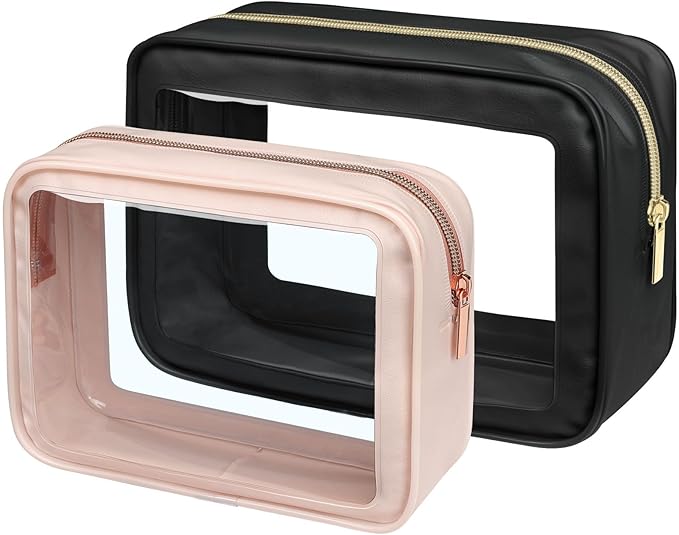 PACKISM TSA Approved Toiletry Bag - 2 Pack Upgrade Color-Edged Clear Makeup Bag, Clear Toiletry Bag For Traveling Fits Various Storage Needs, Black/Pink (2 Sizes)