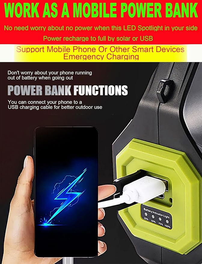 LED Searchlight LED Lantern, Solar Rechargeable Super Bright 10000LM Handheld LEDs Spotlight, Multifunctional Camping Lamp Work Lights, 7 Light Modes, Power Bank, IPX4 Waterproof, for Emergency