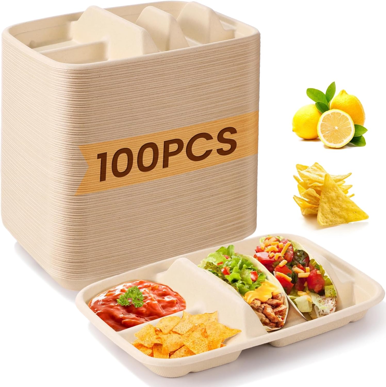 100 PCS Taco Plates Disposable, Bagasse Pulp 2-Slot Taco holder with Side Compartments, Safe Plant Fiber Tray for Taco Tuesday, Party, Sandwich, Hot Dog, Sauce & Snack Serving (With Compartments)