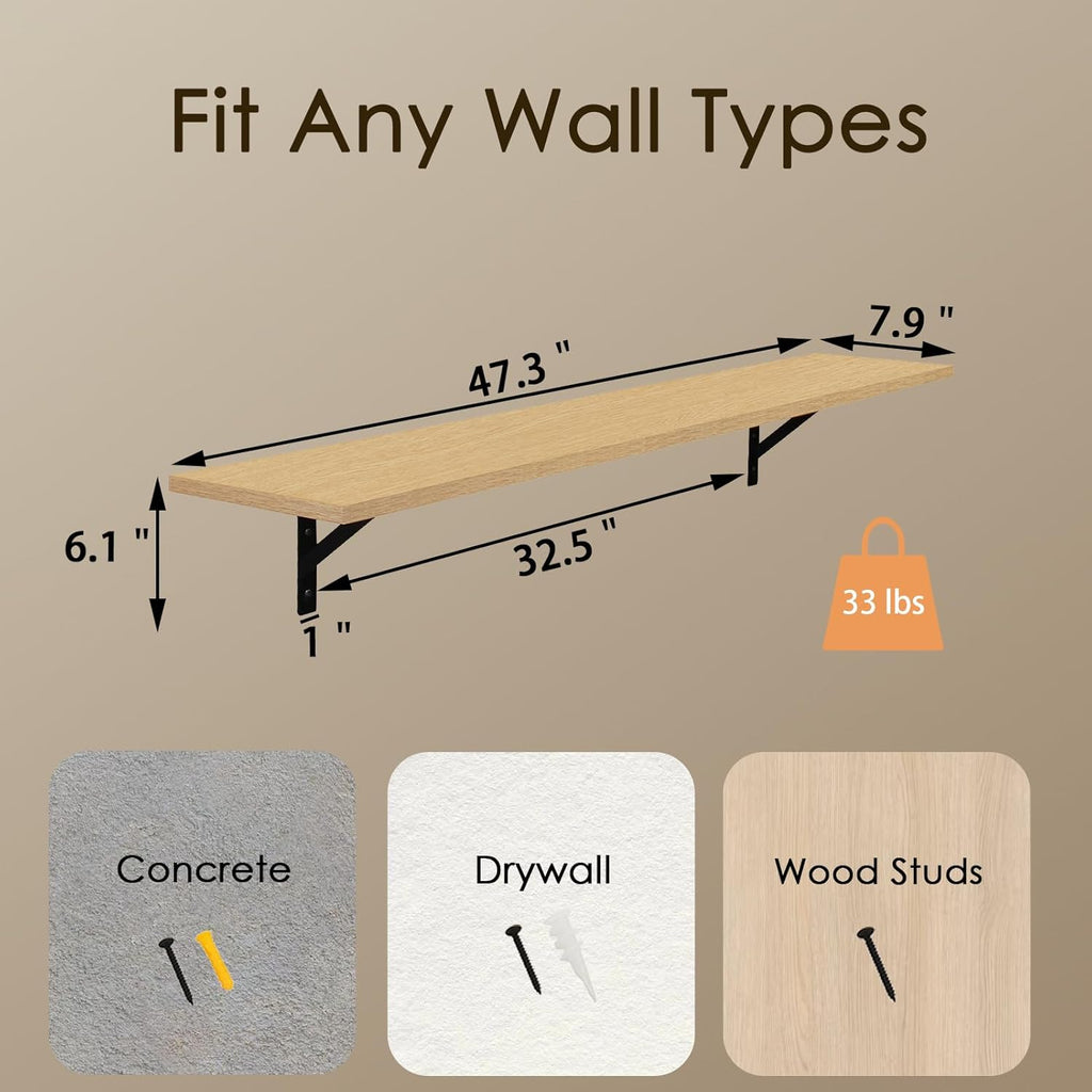 DINZI LVJ Long Wall Shelves, 47.3Inch Wall Mounted Shelves Set of 2, Extra Large Storage Ledges with Sturdy Metal Brackets for Living Room, Bathroom, Bedroom, Kitchen, Natural