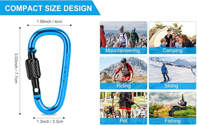 10 Pack Aluminum D Ring Key Rings Hiking Clips Locking Carabiner for Hiking Camping Fishing and Outdoor Use，Clips with Screw Gate Multicolored