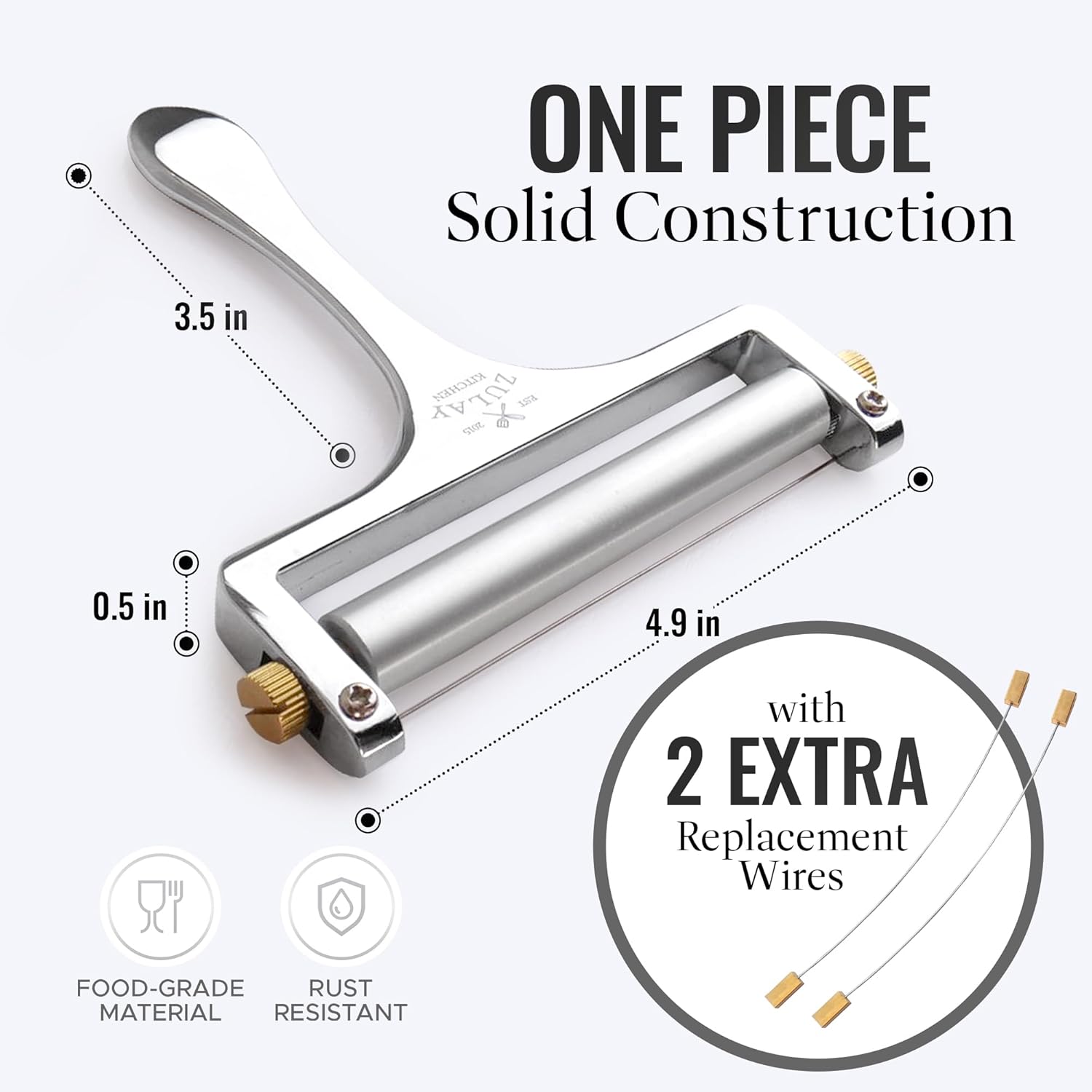 Zulay Kitchen Stainless Steel Wire Cheese Slicer - Adjustable Hand Held Cheese Cutter with 2 Extra Wires - Premium Cheese Shaver for Mozzarella, Cheddar, Gruyere - Cheese Cutter with Wire (Silver)