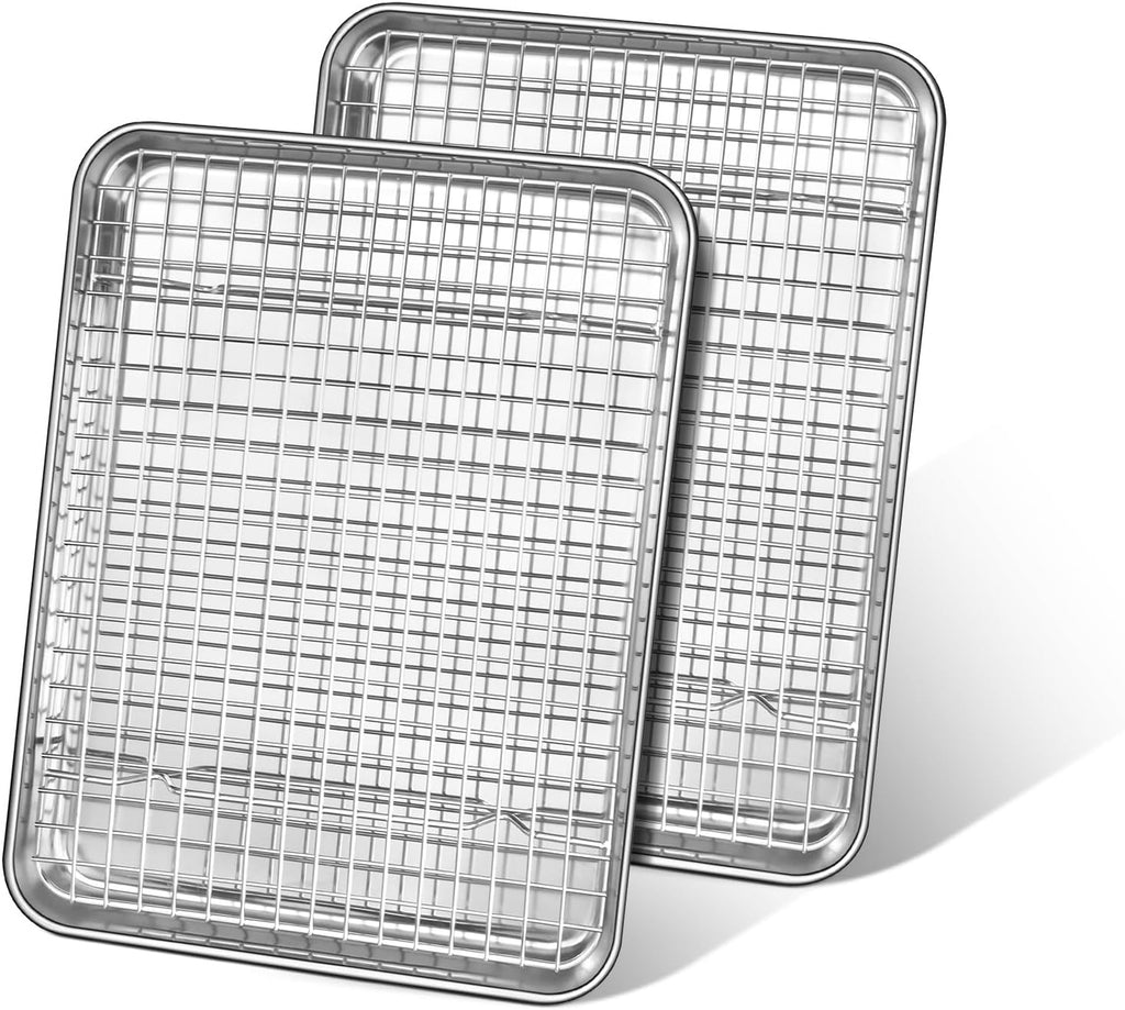 Quarter Sheet Pan with Cooling Rack, Leonyo 1/4 Cookie Sheets for Baking, Wire Rack for Cooking, Nonstick & Stainless Steel Baking Tray for Toaster Oven, Bacon - Size 12.5"x 9.7", 2 Trays + 2 Racks