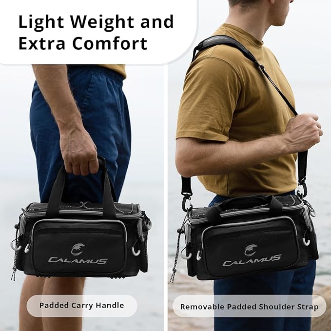 Calamus Fishing Tackle Bags - Saltwater & Freshwater Fishing Bags - Rip-Stop PE - Padded Shoulder Strap - Pliers Storage - Black