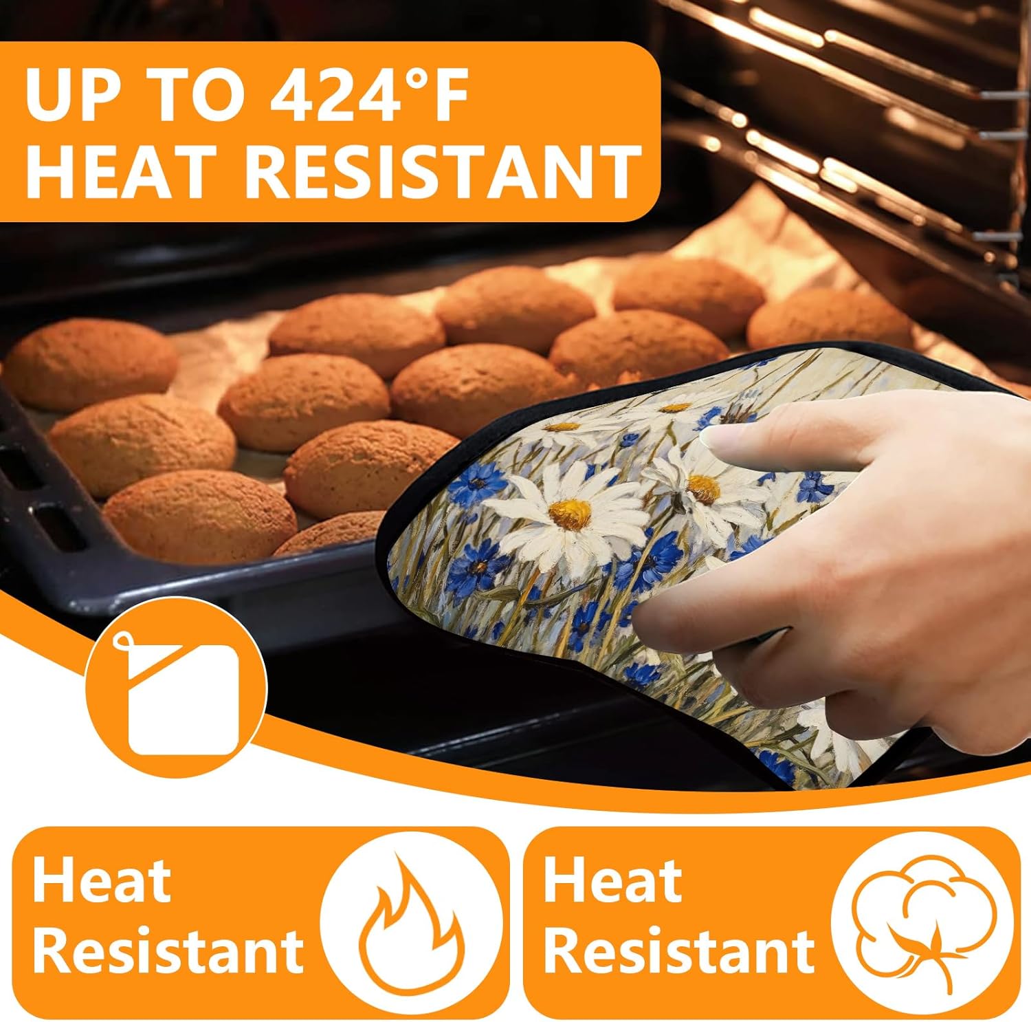 Daisy Flowers Oven Mitts and Pot Holders Sets 4Pcs,Extra Long Oven Gloves Potholder for Kitchen Cooking Baking BBQ 100% Cotton Heat Resistant
